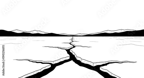 Cracked Dry Earth Landscape with Mountains in Background - Black and White