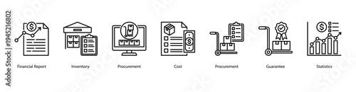 Financial and Inventory Control web banner icon vector illustration featuring Financial Report, Inventory, Procurement, Cost, Procurement, Guarantee, and Statistics for effective business management.