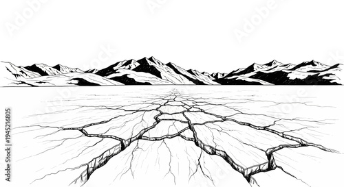 Cracked Dry Earth Landscape with Distant Mountains, Drought and Arid Environment
