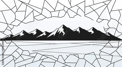 Cracked Ice Frame with Snow-Capped Mountains and Frozen Lake Landscape