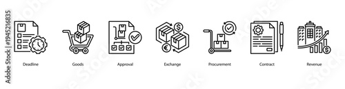Approval and Contracts web banner icon vector illustration featuring Deadline, Goods, Approval, Exchange, Procurement, Contract, and Revenue for efficient procurement workflow.