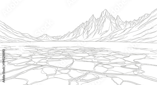 Cracked Ice Lake Surface with Jagged Mountains and Vast Horizon - Line Art