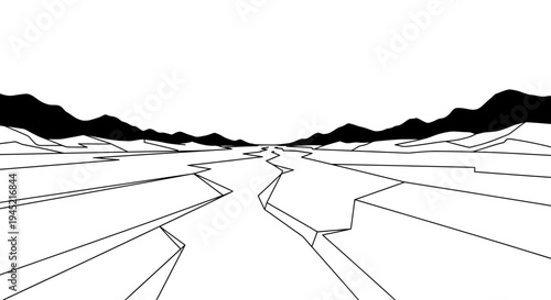 Cracked Ice Landscape with Distant Mountains and Clear Sky - Minimalist Line Art