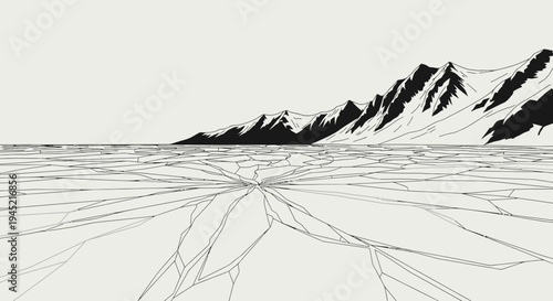 Cracked Ice Landscape with Jagged Mountains and Horizon