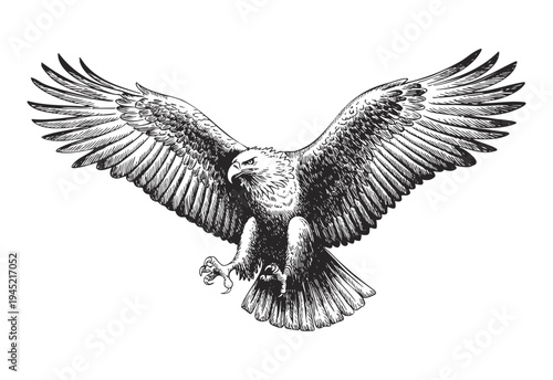 Flying eagle engraving illustration with spread wings in vintage retro ink line art.