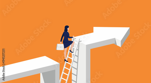 Vector illustration of a businesswoman climbing a ladder on a white arrow against an orange background, symbolizing career growth and success