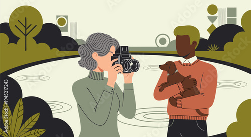 Couple with dog, vector illustration, taking a photo of their pet in the park, creative artistic concept