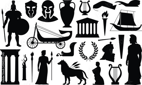 Ancient Greek and Roman Artifacts and Figures Silhouettes on White Background untitled illustration