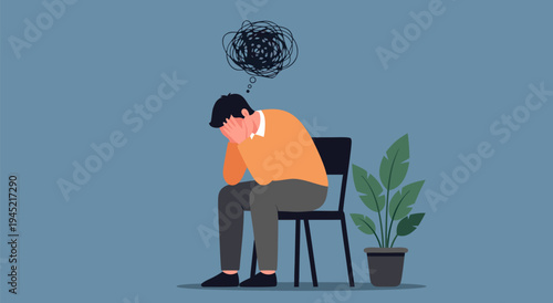 Depressed Man Sitting Alone in a Room with Tangled Thoughts Above His Head - Vector Illustration