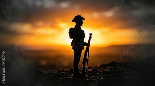 Anzac Day, Soldier, Silhouette, Sunrise, Remembrance, War, Australia - A somber and reflective silhouette of a digger with a rifle at dawn for national commemorative service.