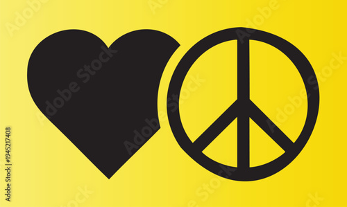 Bright yellow peace and love symbol graphic design with heart and peace sign together