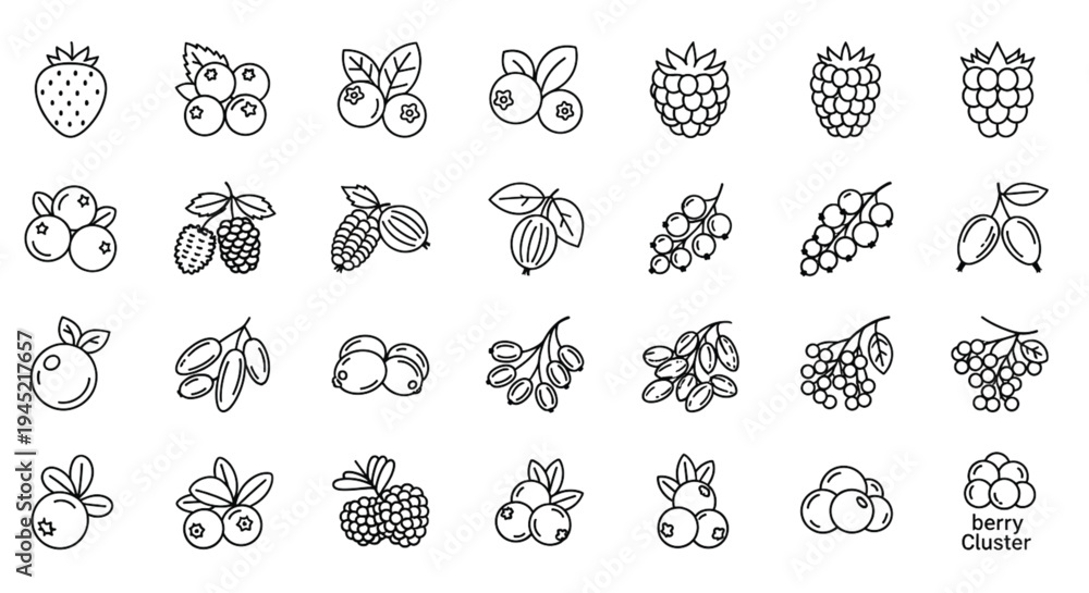 Fototapeta premium Berry Fruit Line Icons Set Strawberry Raspberry Blueberry Outline Vector