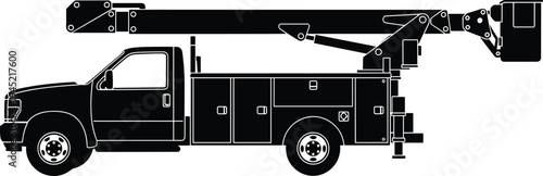 Black silhouette of a utility bucket truck with hydraulic lift arm and service body for electrical repairs and overhead line maintenance.