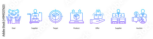 Business Deals and Suppliers web banner icon vector illustration featuring Deal, Supplier, Target, Product, Offer, Supplier, and Auction for corporate procurement and supply chain management.