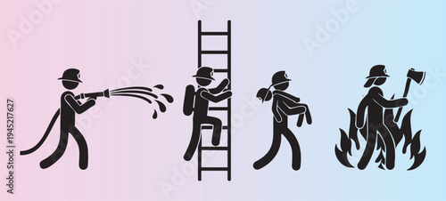 Cartoon firefighters in action using hose climbing ladder and extinguishing fire with axe illustration