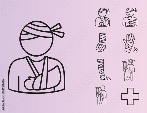 Cartoon icons depicting various medical injuries with bandages casts and crutches illustration set
