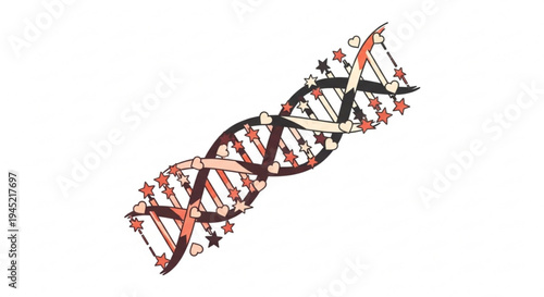 Dna double helix structure with colorful stars and orbits on white background