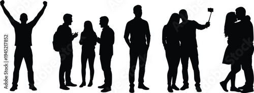 Black silhouette set of people socializing taking selfie kissing and cheering cad drawing flat vector illustration for diverse lifestyle concept.