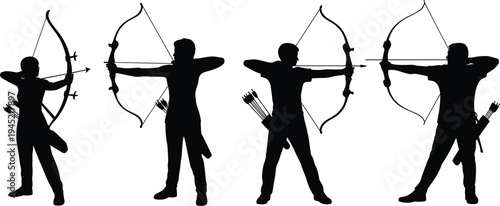 Four black silhouette figures of archers in various stances drawing and aiming bows with arrows on a white background