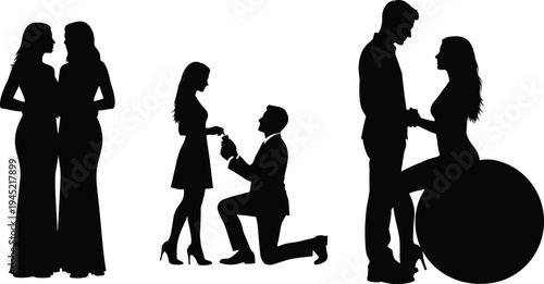 Black silhouettes of diverse couples celebrating love including romantic lesbian partners, a marriage proposal on one knee, and a pregnant couple.