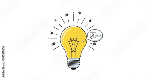 Bright yellow light bulb with idea speech bubble and stars symbolizing innovation and creativity in business and technology