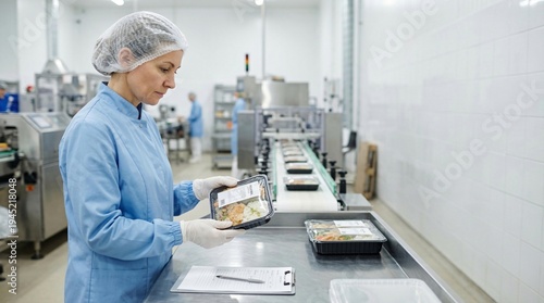 Woman in blue lab coat and hairnet inspecting pre packaged meals on a production line