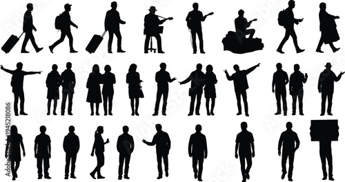 Black silhouettes of diverse people walking with luggage playing guitar standing in groups and posing isolated on white background vector