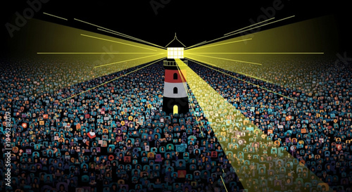 A single lighthouse beam cuts through a dark crowded room with multicolored dots and spotlights shining down