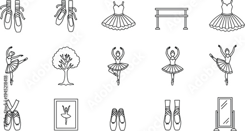 Ballet Dance and Theater Icon Set Featuring Ballerina Figures Pointe Shoes Tutus Barre Mirror and Tree for Classical Performance Arts