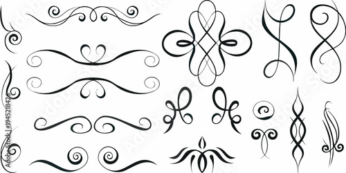 Collection of elegant black swirls flourishes and ornamental design elements