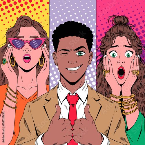 Pop Art Comic Style Portrait Set of Diverse People with Surprised and Confident Expressions.