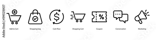 E-Commerce Essentials web banner icon vector illustration featuring Add to Cart, Shopping Bag, Cash Flow, Shopping Cart, Coupon, Conversation, and Marketing.