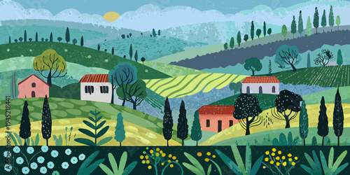 Stylized illustration of a rolling hillside landscape with quaint houses