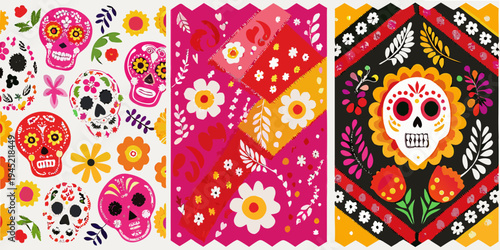 Colorful sugar skull and floral patterns inspired by d a de los muertos