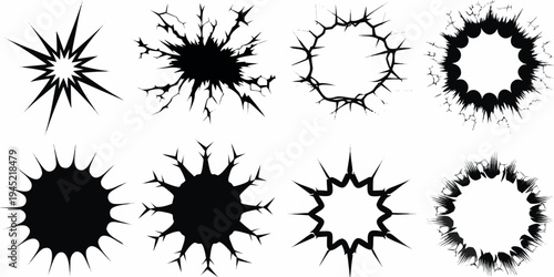Collection of black spiky shapes and fractured circular designs