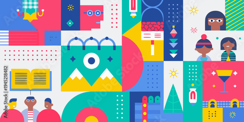 Abstract geometric collage featuring faces objects and colorful patterns