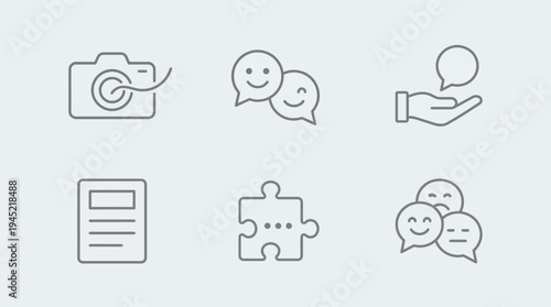 Set of six vector graphic communication icons including a camera, chat bubbles, a hand holding a speech bubble, a document, a puzzle piece, and multiple chat faces