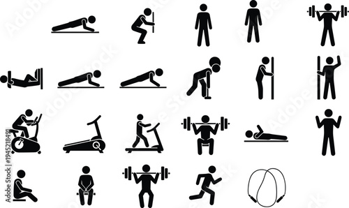 Workout and Fitness Exercise Icon Set with Gym Training Activities Including Weightlifting Cycling Running Plank and Cardio Vector Illustration