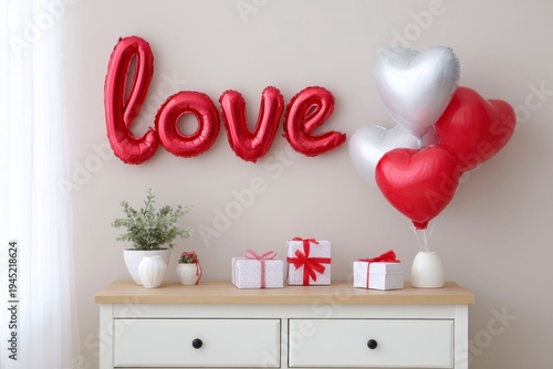 the word love written in red foil balloons on a light colored wall, decorated with heartshaped balloon bouquets and small gift boxes placed next to a white chest of drawers.