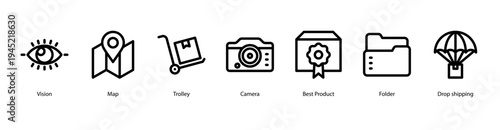 Smart Shopping Journey web banner icon vector illustration featuring Vision, Map, Trolley, Camera, Best Product, Folder, and Drop Shipping.