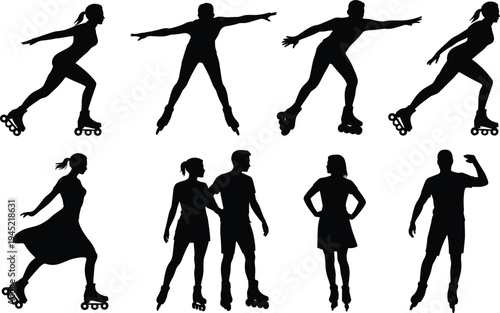 Rollerblading Silhouettes of People in Various Poses on White Background untitled