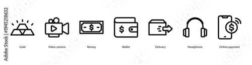 Digital Payment and Delivery web banner icon vector illustration featuring Gold, Video Camera, Money, Wallet, Delivery, Headphone, and Online Payment.