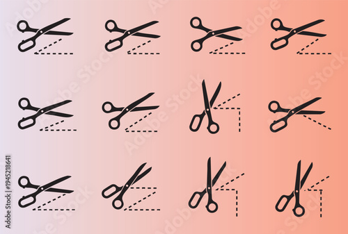 Collection of black scissors icons with dotted cutting lines in various angles and styles
