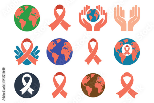 Collection of world earth globes and awareness ribbons representing global health and support campaigns icons