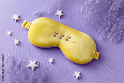 a yellow sleeping mask floating on a purple background with stars and the text zzzz