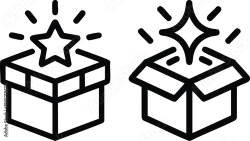 Glowing Surprise Box and Gift Icon Set, Magic Mystery Box with Star Sparkle, Unboxing Experience and Reward Graphics, 