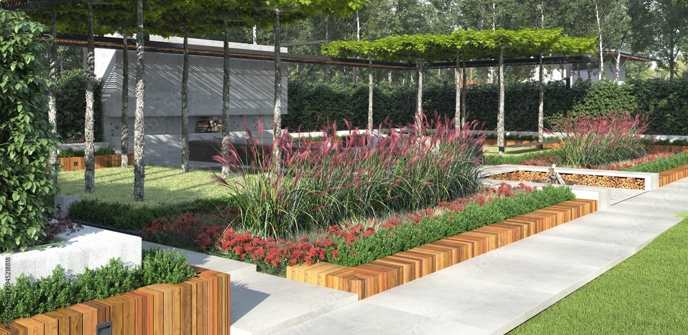 Obraz premium Modern outdoor garden landscaping with concrete pathways and fire pit. 3d rendering of backyard