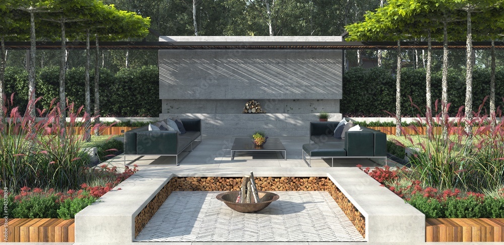 Fototapeta premium Contemporary outdoor patio with modern furniture and sunken fire pit. 3d rendering of luxury garden