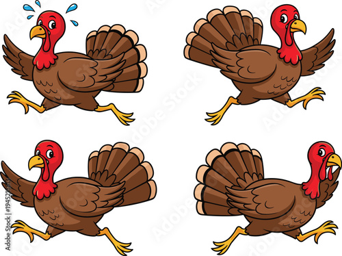 Cartoon turkeys running illustration, humorous Thanksgiving theme, expressive bird characters, escape motion concept, festive animal depiction, holiday humor artwork