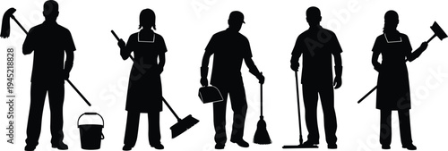 Cleaning staff silhouettes, janitorial workers, sanitation tools, mop broom dustpan squeegee, hygiene maintenance, professional service, workplace cleanliness, facility care, housekeeping icons